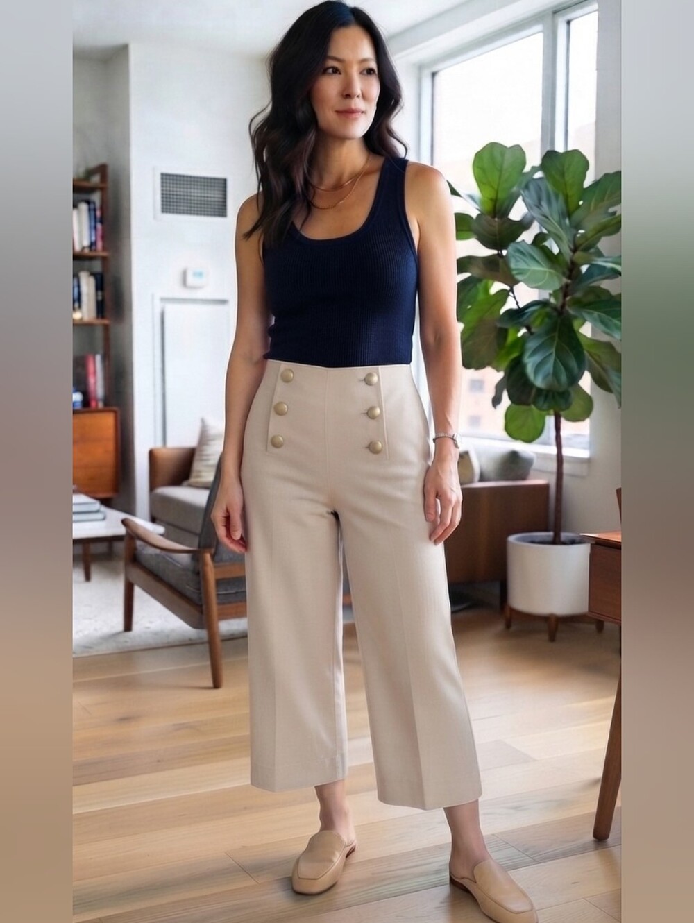 Mélanie Lyne Sailor Wide Leg Crop Pants - Beige Gold Buttons - 14